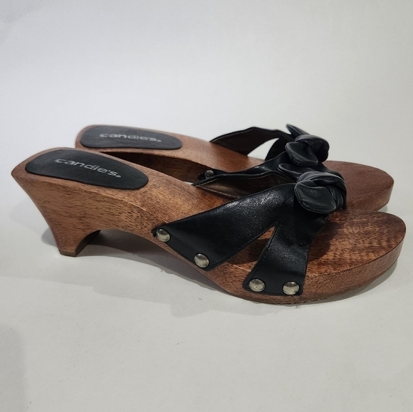 Vintage 80's Wood and Leather Candies Mule Sandal Heel sz 8 - Picture 3 of 12